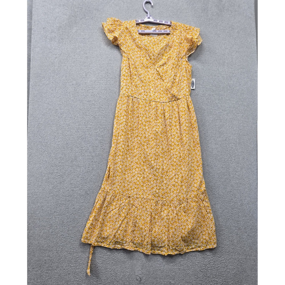 Old Navy Women Dress L Yellow Floral Midi Faux Wrap Cottagecore Ruffles NWT